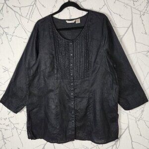 Edward Woman Black 100% Linen Pintuck Pleated Button Up Blouse